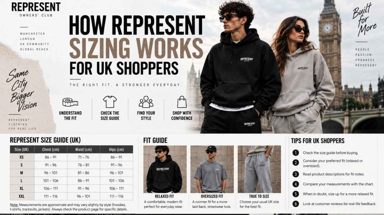Represent sizing guide for UK shoppers choosing the right fit