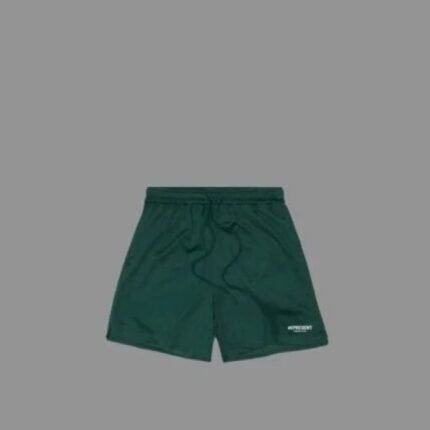 Front view of Represent Dark Green Shorts showing the dark green colour and overall design.