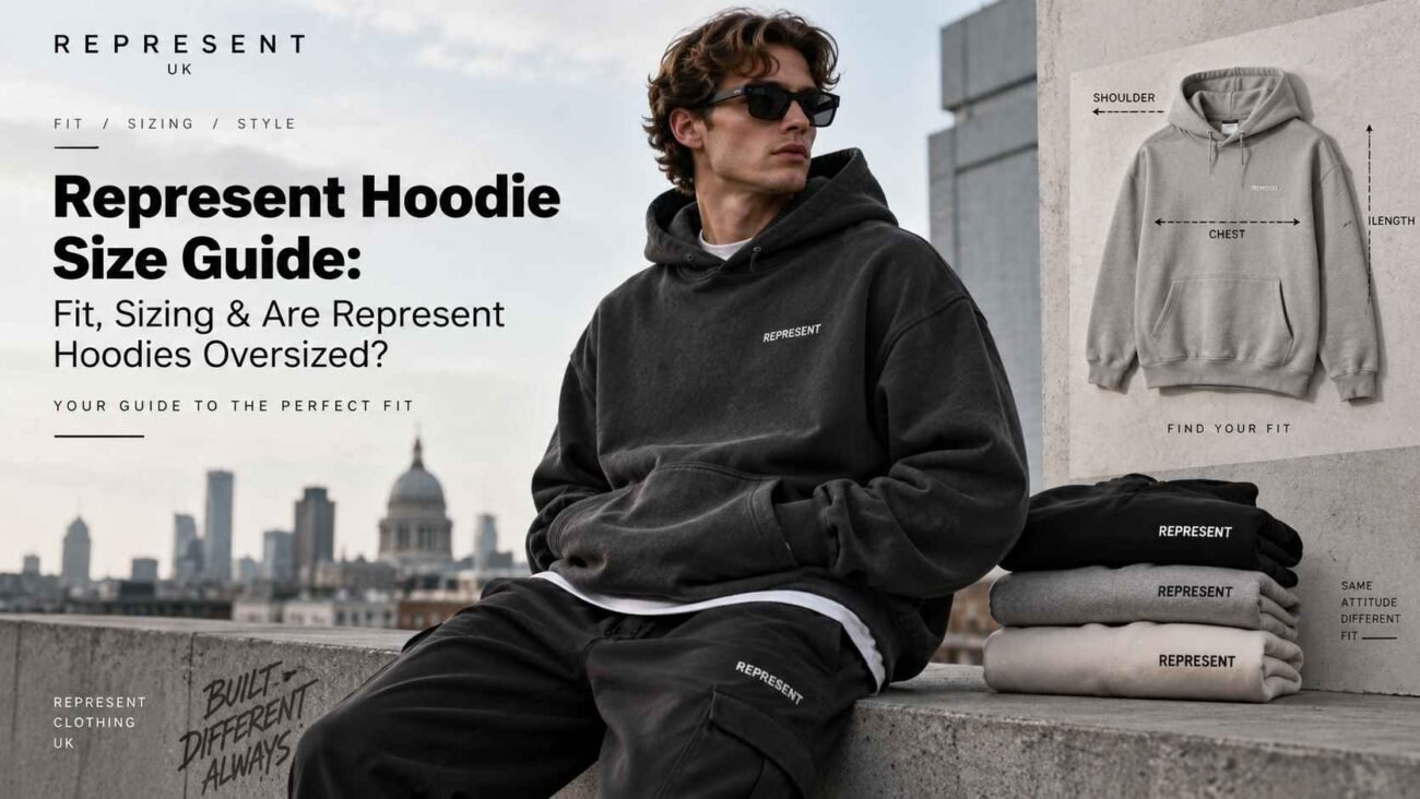 Represent Hoodie Size Guide: Fit, Sizing & Are Represent Hoodies Oversized? 2 Represent Hoodie Size Guide showing fit, sizing and oversized hoodie style