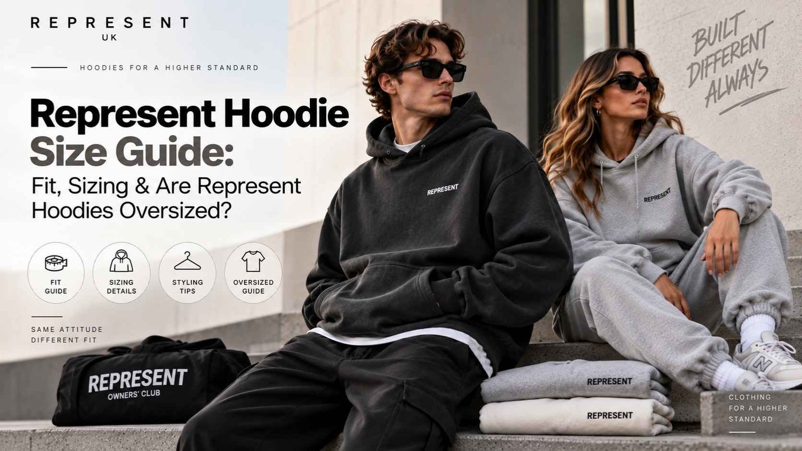 Represent Hoodie Size Guide showing fit, sizing and oversized hoodie details