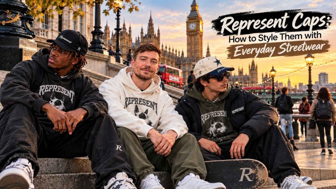 Represent Caps styled with everyday streetwear
