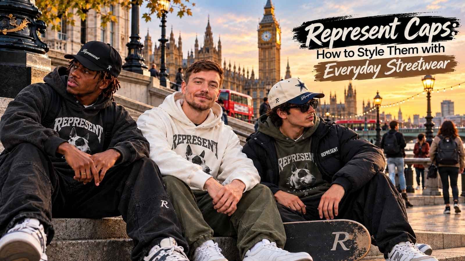Represent Caps styled with everyday streetwear